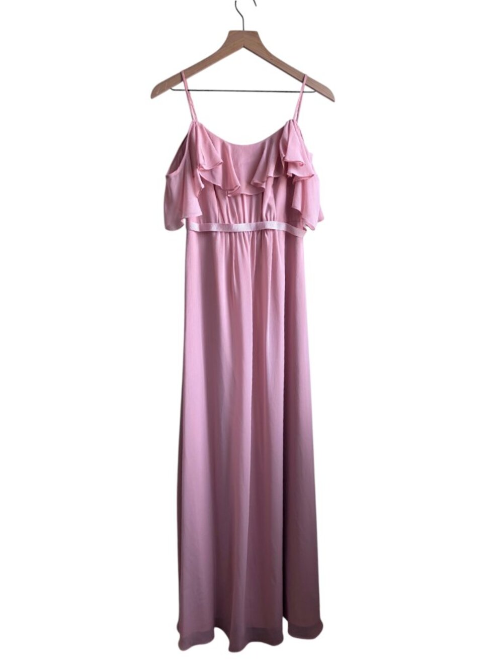 David's Bridal Cold Shoulder Flutter Sleeve Chiffon Long Bridesmaid Dress Pink 0 - Picture 3 of 9